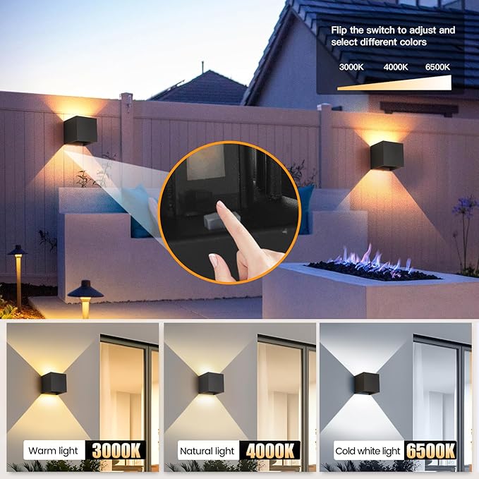 2 Pack LED Outdoor Wall Lights Exterior/Interior 3 Colors Adjustable 15W Wall Light Fixture IP65 Waterproof Porch Exterior Wall Sconce Modern Outdoor Lighting Square Aluminum Black Up and Down Lights