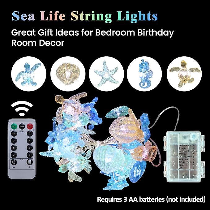 Nautical Theme Ocean Décor Beach Decorative String Lights Outdoor Seahorse Sea Turtle Starfish Shell Cute Marine Life Novelty Night Lights 30LED 10ft Battery Operated