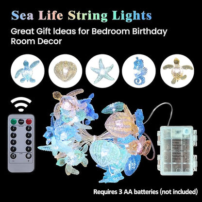 Nautical Theme Ocean Décor Beach Decorative String Lights Outdoor Seahorse Sea Turtle Starfish Shell Cute Marine Life Novelty Night Lights 30LED 10ft Battery Operated