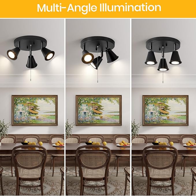 3-Light Industrial Directional Track Lighting with Pull Chain On/Off, Black Ceiling Spotlight, Morden Flush Mount Kitchen Light for Hallway,Dining Room,Porch,Office.Gu10 Bulbs Included