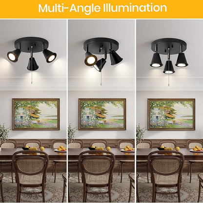 3-Light Industrial Directional Track Lighting with Pull Chain On/Off, Black Ceiling Spotlight, Morden Flush Mount Kitchen Light for Hallway,Dining Room,Porch,Office.Gu10 Bulbs Included