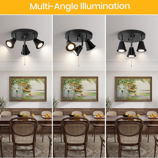 3-Light Industrial Directional Track Lighting with Pull Chain On/Off, Black Ceiling Spotlight, Morden Flush Mount Kitchen Light for Hallway,Dining Room,Porch,Office.Gu10 Bulbs Included