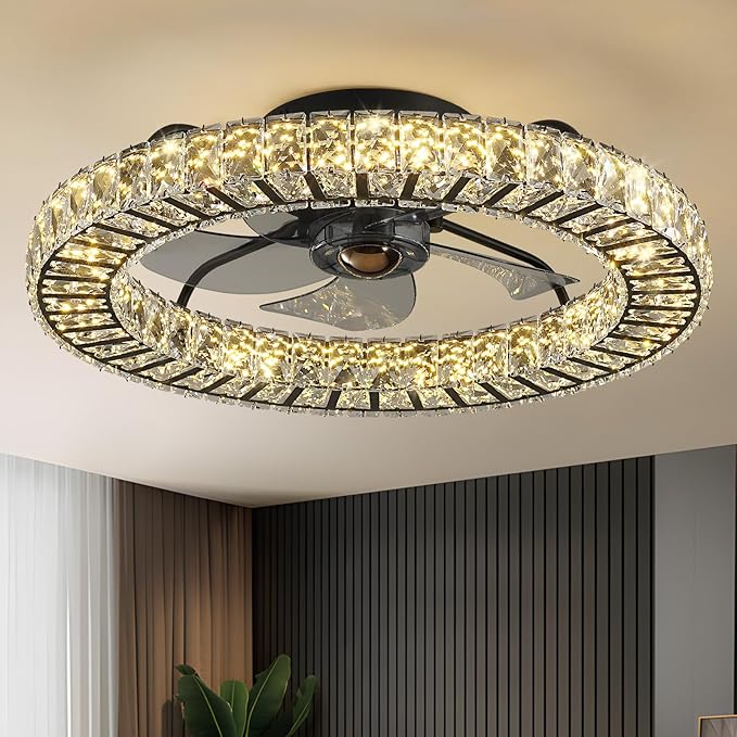 LUDOMIDE Flush Mount Ceiling Fan with Light, 22" Modern Crystal Chandelier Ceiling Fan with Smart 4-Light Color Change, Dimmable LED Ceiling Fan, 6 Wind Speeds, Low Profile Ceiling Fan for Bedroom