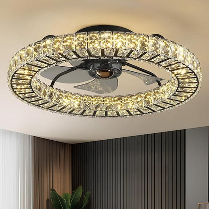 LUDOMIDE Flush Mount Ceiling Fan with Light, 22" Modern Crystal Chandelier Ceiling Fan with Smart 4-Light Color Change, Dimmable LED Ceiling Fan, 6 Wind Speeds, Low Profile Ceiling Fan for Bedroom