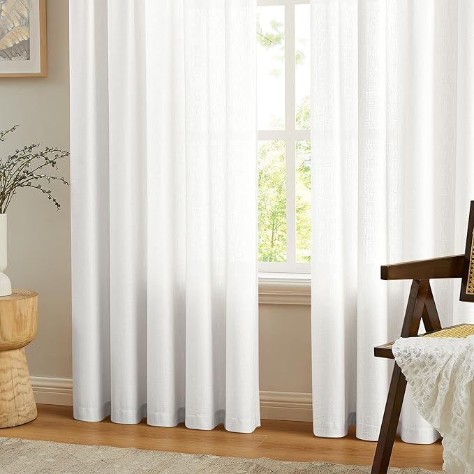 Melodieux Ivory Semi Sheer Curtains 63 Inch Length for Bedroom Living Room, Farmhouse Linen Texture Light Filtering Home Office Shiny Sheer Drapes Rod Pocket, 52" W x 63" L, 2 Panels
