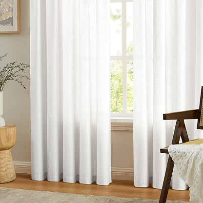 Melodieux Ivory Semi Sheer Curtains 63 Inch Length for Bedroom Living Room, Farmhouse Linen Texture Light Filtering Home Office Shiny Sheer Drapes Rod Pocket, 52" W x 63" L, 2 Panels