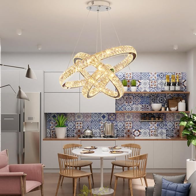3 Rings Crystal Chandeliers 32"+24"+16" Crystal Ceiling Light Fixture Pendant Lighting Hanging Lamp for Living Room LED Dimmable 3000-6000K