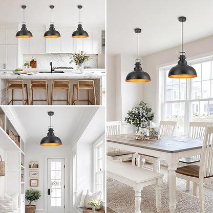 Refice 16 Inch Farmhouse Pendant Lights Kitchen Island Black Pendant Lighting Industrial Dome Island Pendant Lights, Adjustable Height, Hanging Lights, Dining Room, Barn