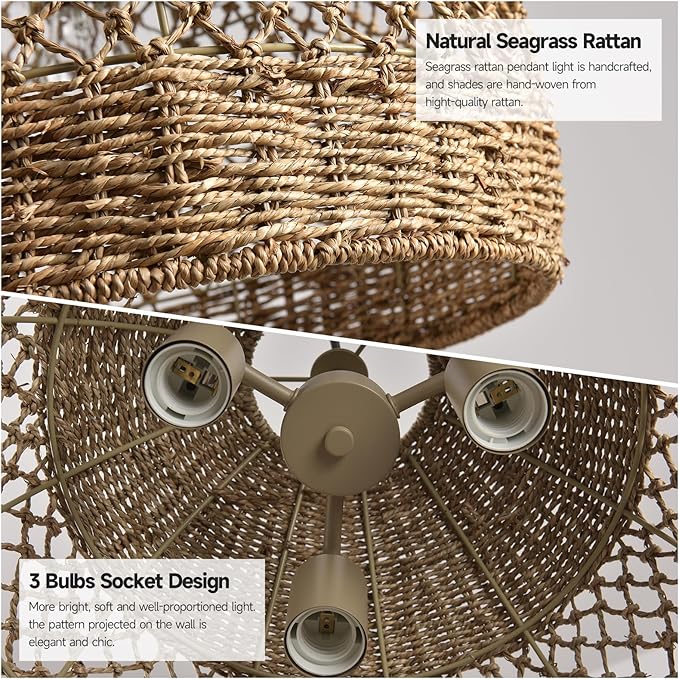 13.8" Farmhouse Woven Chandelier Rattan Wicker Lighting for Dining Room Boho Light Fixture Hanging 3-Lights Brown Pendant Light Kitchen Island for Restaurant Bedroom Breakfast Entryway Bar