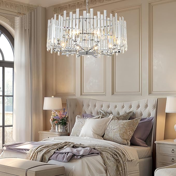 Chrome Crystal Chandeliers for Dining Room, 27.6" Modern Round Chandelier Large Adjustable Height Ceiling Hanging Pendant Light Fixture for Dining Living Room Bedroom