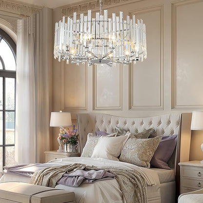 Chrome Crystal Chandeliers for Dining Room, 27.6" Modern Round Chandelier Large Adjustable Height Ceiling Hanging Pendant Light Fixture for Dining Living Room Bedroom