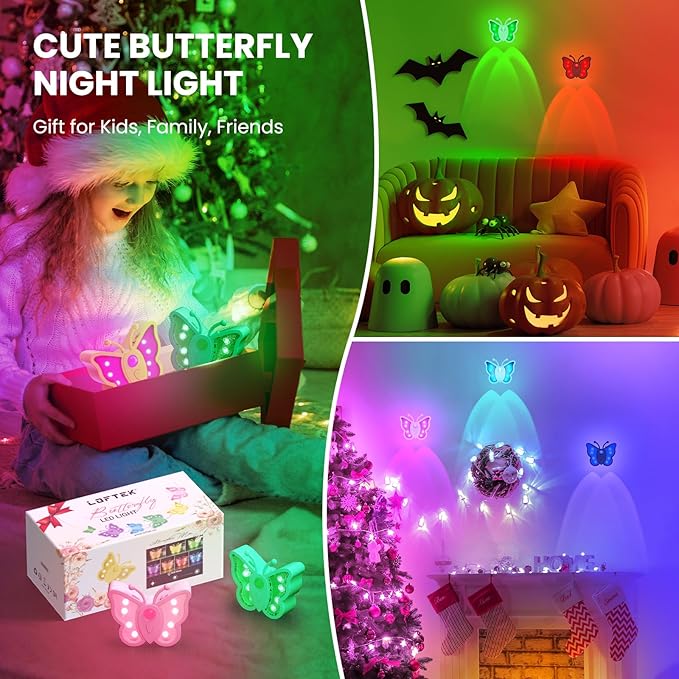 LOFTEK Rechargeable Motion Sensor Light, RGB Color Change & Dimmable Wall Night Light, Cute Butterfly Light for Kids' Bedroom, Bathroom, Hallway, Tent, Stairs, Camping - Gift, Black of 4