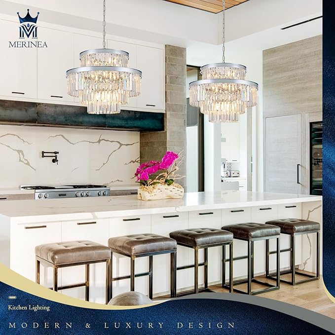 22" Modern Crystal Chandeliers 15 Lights Chrome Ceiling Pendant Light 4-Tier Luxury Round K9 Crystal Light Fixture for Living Room Dining Room Bedroom Kitchen Foyer