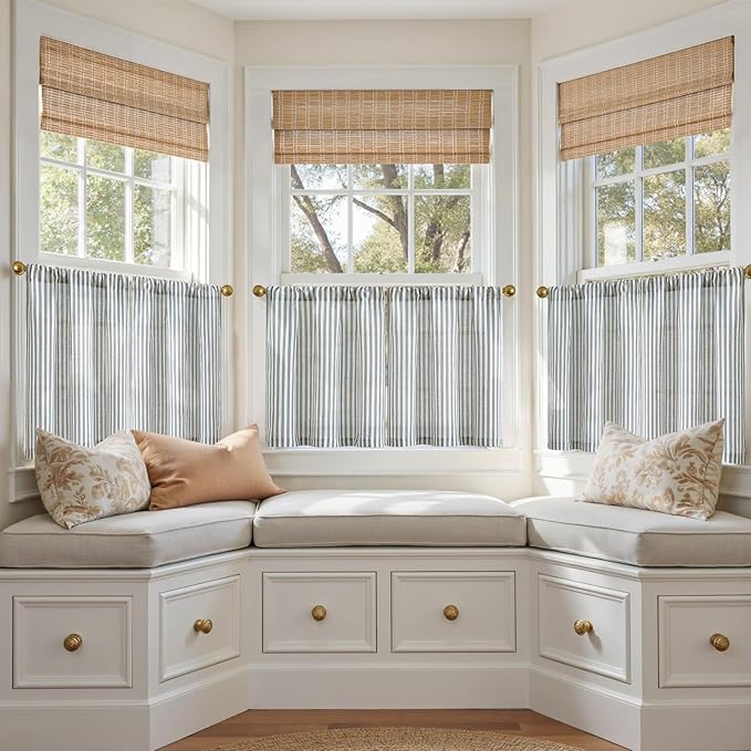 jinchan Striped Linen Kitchen Curtains 20 Inches Length Tier Curtains Farmhouse Modern Cafe Style Small Window Treatments Airy Light Filtering Rod Pocket for Living Room Bathroom 2 Panels Blue