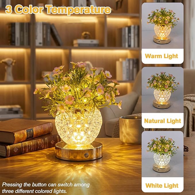 Flower Table Lamp, 3 Colors Touch Dimming Daisy Night Light, Rechargeable Artificial Flower Light, LED Flower with Vase Lamp Romantic Decor for Date Party Home (Pink-Heronsbill)