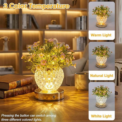 Flower Table Lamp, 3-Color Touch Dimming Heronsbill Glass Night Light, Rechargeable Artificial Flower Light, Desktop Ambient Light Romantic Gifts for Girls Women Mom (White-Heronsbill)