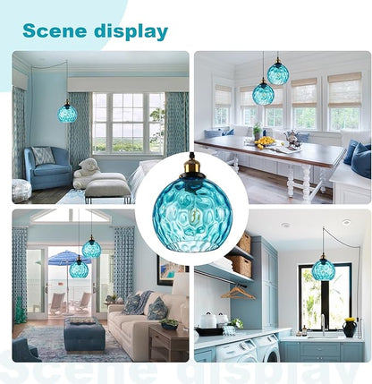 Blue Globe Glass Plug in Pendant Light Mid Century Modern Hanging Ceiling Light Fixture 14.75FT Black Chandelier Lighting for Bedroom Living Room Dining Room