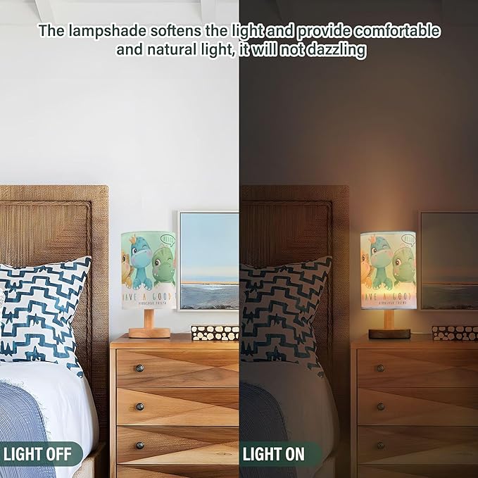 Table Lamp Watercolor Dinosaur Baby Pattern Nightstand Lamp with Wood Base Fabric Lamp Shade Bedside Desk Lamp for Living Room Bedroom Kids Room Office