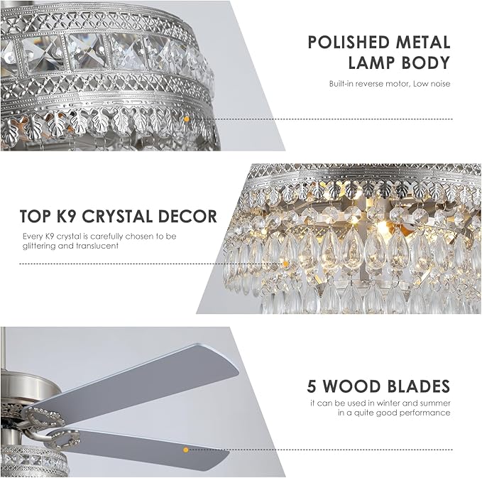 Asyko Crystal Ceiling Fan Fandelier with Lights and Remote Control，52" Modern Silver Chandelier Ceiling Fans with Reversible Blades, Silent Motor，Fandelier Ceiling Fan with Light Chrome