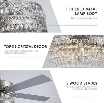 Asyko Crystal Ceiling Fan Fandelier with Lights and Remote Control，52" Modern Silver Chandelier Ceiling Fans with Reversible Blades, Silent Motor，Fandelier Ceiling Fan with Light Chrome