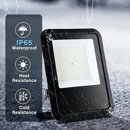 Simple Deluxe 2 Pack 100W Flood Lights Outdoor, 10000LM Daylight White LED Work Light with Plug, IP65 Waterproof, 6500K Floodlight for Garage, Yard, Lawn
