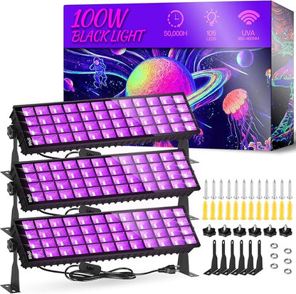 120W Black Light Bar, IP66 Blacklight with Plug+Switch+6ft Cord, Waterproof Blacklight with 100 LED, Black Light for Glow Party Halloween Decor Fluorescent Poster Body Paint Game Room Outdoor Indoor