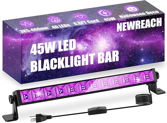 45W Black Light, LED Blacklight Bar with 6.6ft Cord, Glow in The Dark Light Up 28x28ft, for Glow Party, Neon Decoration, Body Paint, Fluorescent Poster, Birthday, Halloween, Bedroom(1Pack)