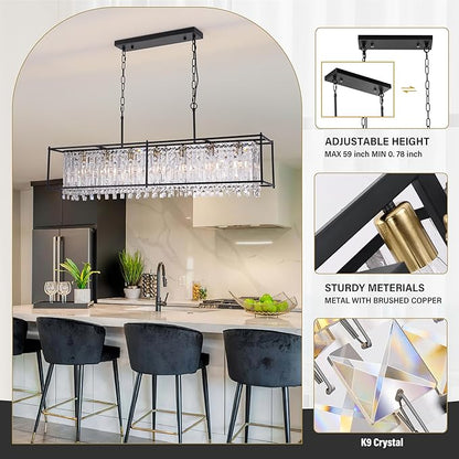 Modern Black Crystal Chandeliers For Dining Room, 50" Large Rectangle Water Ripple Glass Pendant Elegant Linear Lighting for Kitchen Island Dining Room LivingRoom Flat Inclined Ceiling,L50 x W11 x H19