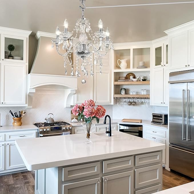 PAPAYA Plug-in 5 Light Crystal Hanging Pendant Lights Acrylic Chandelier with Clear Cord & On/Off Switch H19 D19.7 for Kitchen Island Girls' Room Dining Area Laundry Pavilion.
