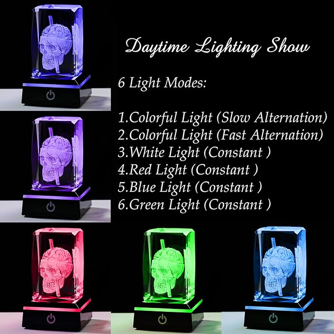 Qianwei 3D Crystal Skull Decor- Halloween Skull Light Witch Figurines Occult Medieval Goth Satanic Home Desk Glass Skull Decor Witchy Gifts Horror Lilith Statue