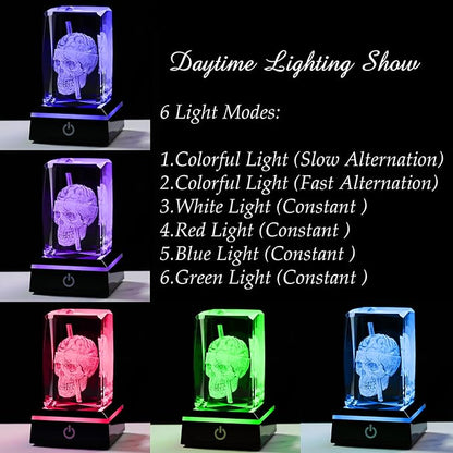 Qianwei 3D Crystal Skull Decor- Halloween Skull Light Witch Figurines Occult Medieval Goth Satanic Home Desk Glass Skull Decor Witchy Gifts Horror Lilith Statue
