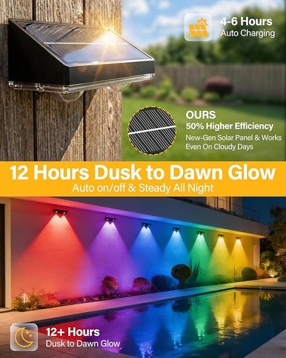 Solar Fence Lights Outdoor, 6 Pack Ultra-Bright 85LM Fence Lights Solar Powered, 9 RGB Color Modes, IP65 Waterproof, 12H Dusk to Dawn Glow for Pool/Deck/Patio/Wall/Backyard - Black