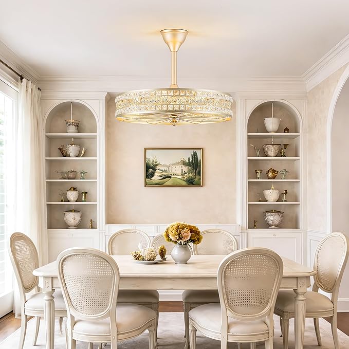24 Inch Fandelier Ceiling Fan with Light and Remote, Luxury Crystal French Rococo Chandelier Fan, Bladeless Enclosed Caged Pendant Light Fixture for Living Room, Bedroom, Dining Room, Kitchen Island