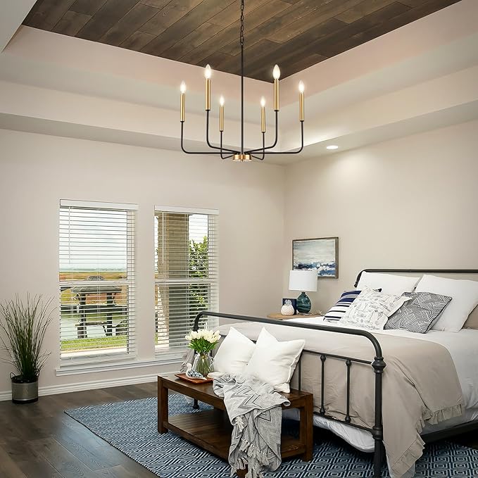 Modern Black and Gold Chandelier for Dining Room,Metal 6-Light Kitchen Light Fixtures,Farmhouse Candle Hanging Pendant Lights for Living Room Entryway Foyer Bedroom (Bulb Not Included)