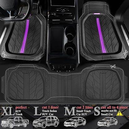CAR PASS Tire Tread DeepDish Rubber Floor Mats for car Heavy Duty car mats All Weather, Universal XL~M Trim to Fit for Truck SUV Vehicle Automotive, Waterproof car mats 3 Piece (Purple Black)