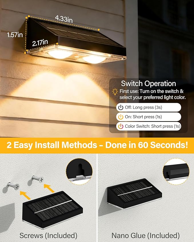Solar Fence Lights Outdoor, 16 Pack Ultra-Bright 85LM Fence Lights Solar Powered, 9 RGB Color Modes, IP65 Waterproof, 12H Dusk to Dawn Glow for Pool/Deck/Patio/Wall/Backyard - Black
