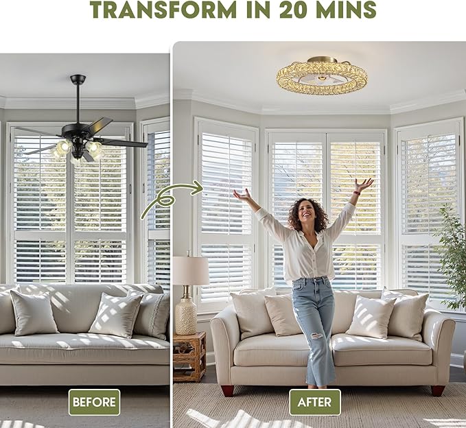 LUDOMIDE Flush Mount Ceiling Fan with Light, 22" Modern Crystal Chandelier Ceiling Fan with Smart 4-Light Color Change, Luxury LED Ceiling Fan, Low Profile Ceiling Fan for Bedroom (Gold)