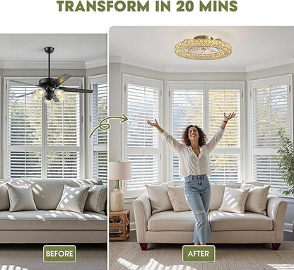 LUDOMIDE Flush Mount Ceiling Fan with Light, 22" Modern Crystal Chandelier Ceiling Fan with Smart 4-Light Color Change, Luxury LED Ceiling Fan, Low Profile Ceiling Fan for Bedroom (Gold)
