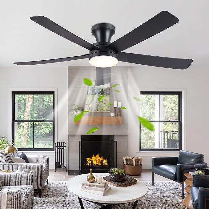 Ayaoty 46" Ceiling Fans with Lights and Remote - Black Flush Mount Ceiling Fan Light with ABS Blades and 3CCT Dimmable, Reversible, Low Profile Fan Light for Indoor Modern Bedroom, Kitchen