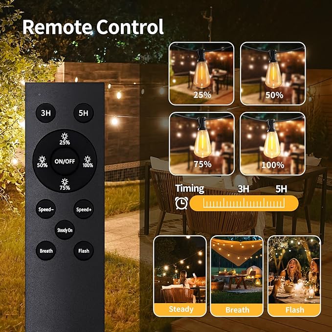 SANBEN 50ft Solar String Lights with Remote, 25+1 Bulbs Solar Patio Lights Outdoor Waterproof, Solar Powered Dimmable Deck Lights for Garden Porch Party
