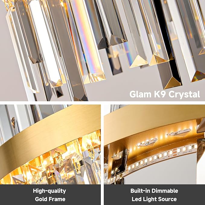 Gold Led Modern Crystal Chandelier: 23.6" Round K9 Luxury Smoke Grey & Clear Crystals 3 Color Dimmable Contemporary Chandeliers for Dining Room Lights - Adjustable Height Living Room Light with Remote