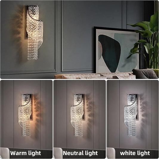 K9 Crystal Wall Sconces, Adjustable 3-Color LED Wall Light with Titanium Black Metal Frame, Modern Living Room/Bathroom/Bedroom Lighting Fixture (Easy Install)