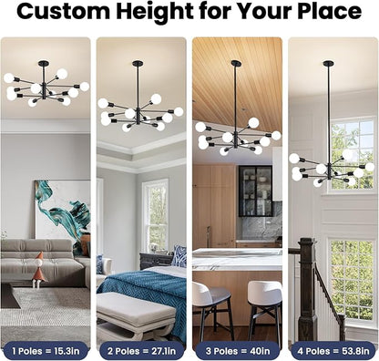 RUIYEY Modern Sputnik Chandeliers Light, 10-Light Black Chandeliers for Dining Room, E26 Height Adjustable Chandelier Ceiling Lighting Fixture for Farmhouse Kitchen Island Living Room Foyer