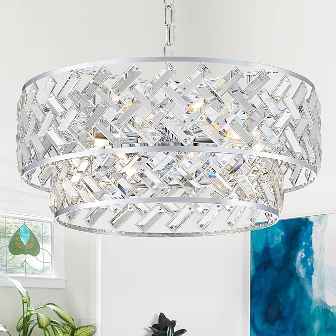 CATINER Chrome Crystal Chandelier, 8-Light Drum Semi Flush Mount & Pendant Ceiling Light, 24'' Modern Round Fixture for Living Room, Dining Room, Kitchen, Foyer, Bedroom