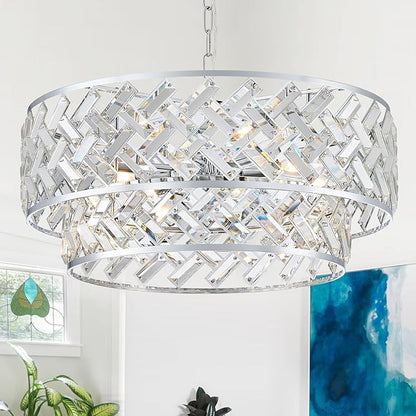 CATINER Chrome Crystal Chandelier, 8-Light Drum Semi Flush Mount & Pendant Ceiling Light, 24'' Modern Round Fixture for Living Room, Dining Room, Kitchen, Foyer, Bedroom