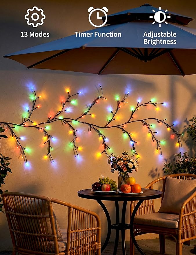 Solar Willow Vine Lights Outdoor, 7.8FT 144LEDs RGB Enchanted Willow Vine Lights with Remote, Waterproof Garden Decor for Wall Window Porch Patio Party Decor