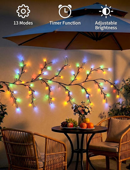 Solar Willow Vine Lights Outdoor, 7.8FT 144LEDs RGB Enchanted Willow Vine Lights with Remote, Waterproof Garden Decor for Wall Window Porch Patio Party Decor
