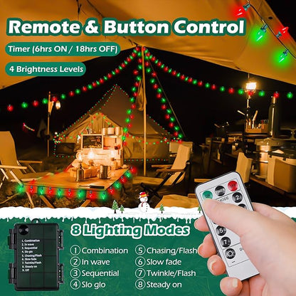 RECESKY C7 Bulbs Christmas String Lights with Remote - 50 LED 26ft Battery String Lights - Fairy Christmas Lighting for Patio Decor Eave Roofline Holiday Festival Christmas Eve Decorations - Red Green