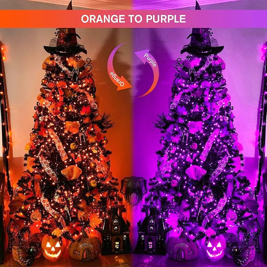 JMEXSUSS Halloween Lights, 8 Modes Waterproof Orange and Purple Light Outdoor Plug in, Clear Wire Halloween String Lights Indoor Bedroom 500 LED Orange and Purple 163 FT
