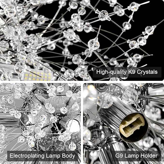 Modern Dandelion Firework Chandelier, Chrome Dining Room Chandelier, Crystal Hanging Pendant Lighting Fixture for Living Room, Bathroom, Bedroom, Restaurant, 16-Light